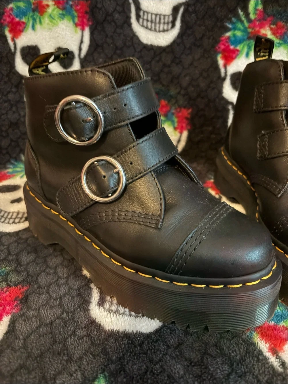 Dr. Martens Devon Black Leather Platform Double Buckle Boots Women’s US 6